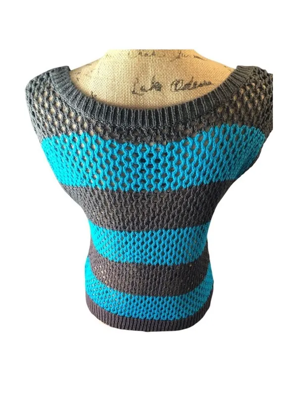 Y2K Arizona Jean Co. Knit Top Size L Gray & Blue Striped - Image 6