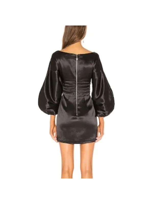 h:ours Cristiano Black Satin‎ Mini Dress Ballon Sleeves Size Small EUC - Image 7