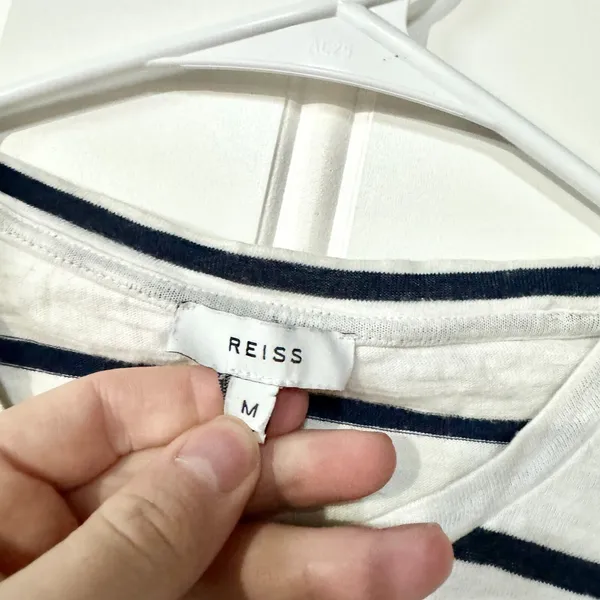 REISS Shirt Women Size M Short Sleeve Cotton Crewneck‎ Navy Blue & White Casual - Image 2