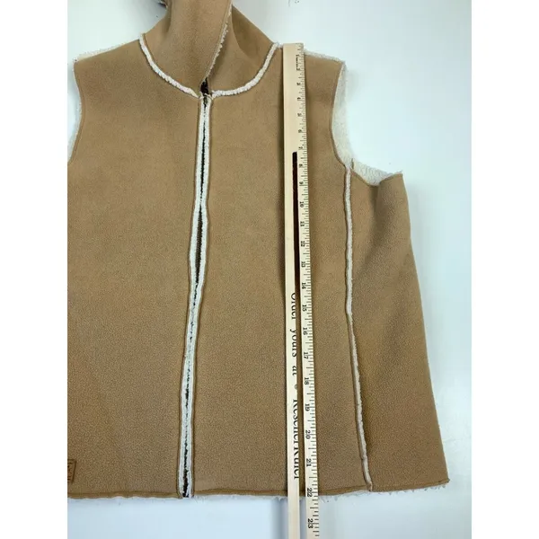 Ralph Lauren Medium Sleeveless Fleece Vest Womens Zip Up‎ Hooded Tan Faux Fur - Image 3
