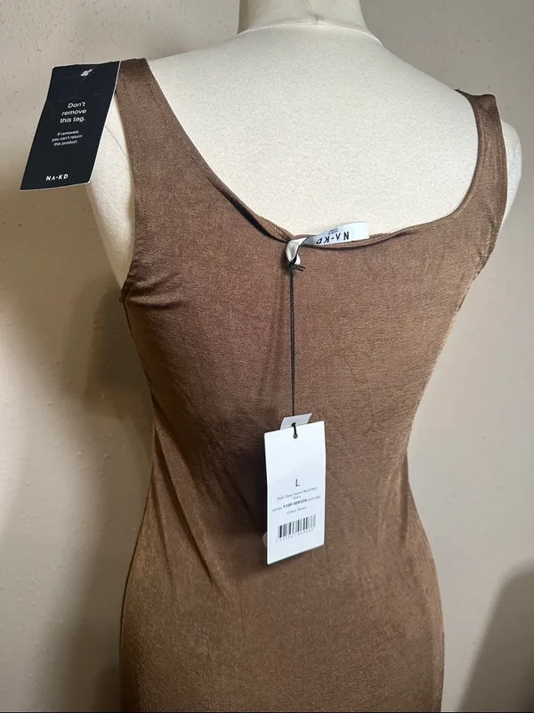 NA-KD Brown Shiny Sheen Square Neck Midi slip tank Dress women’s size Large NEW - Image 14