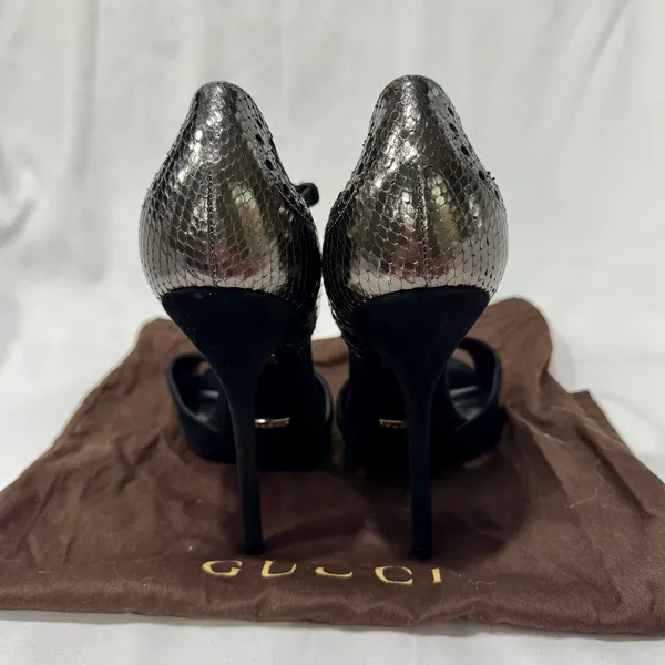 Gucci Black Suede Metallic Python Brogue Ankle-Strap Heels EU 39 - Image 4