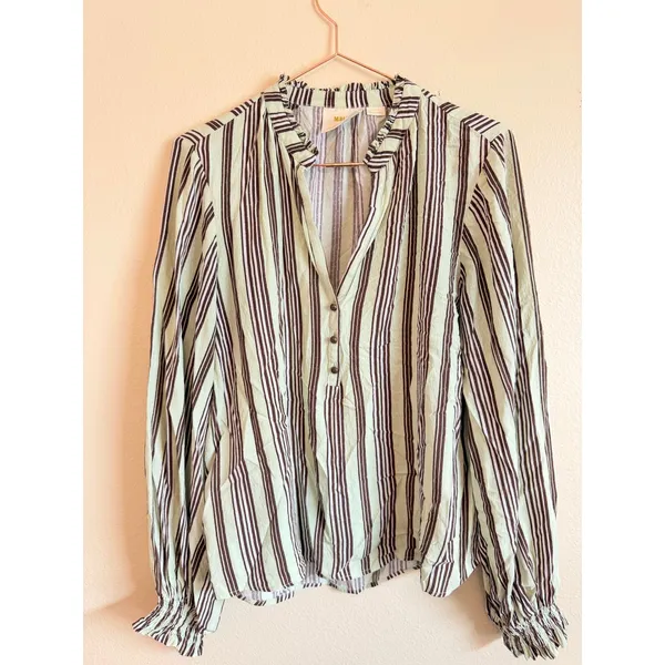 Maeve Blouse Womens Medium Mint‎ Green Brown Striped V-Neck Long Sleeve Top - Image 4