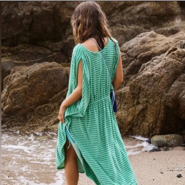 Free People NWT FP Beach Striped Terry Kaftan Maxi Dress Blue Combo Green M/L - Image 3