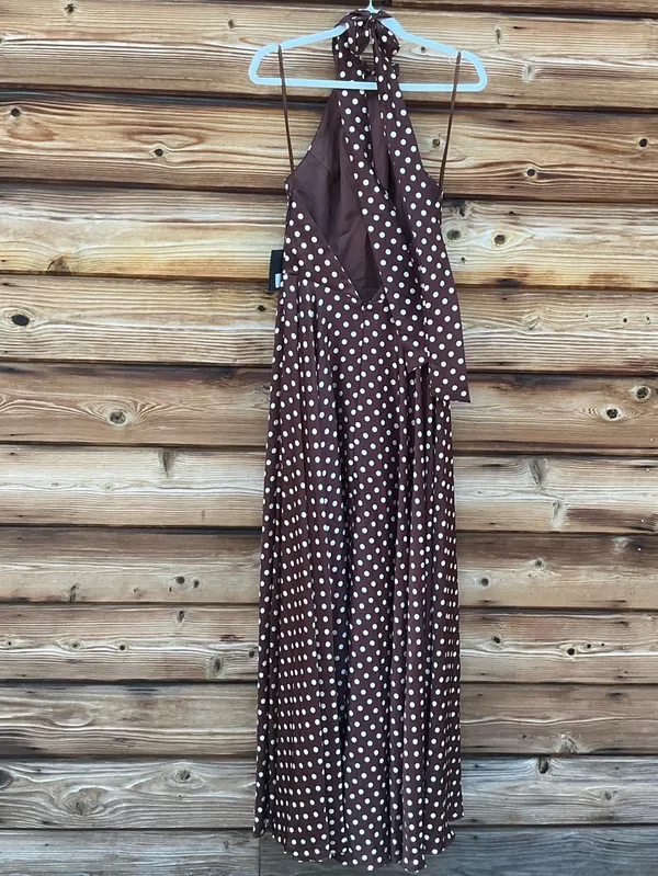 IEENA FOR MAC DUGGAL Size 2 Brown Polka Dot A-Line Halter Gown Rosette FLAWS - Image 9