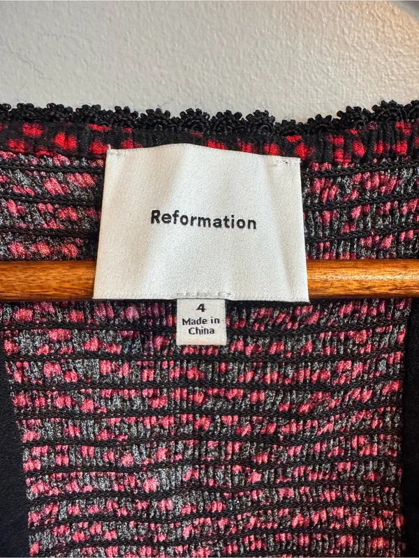 Reformation Red Black Printed Lace Trim Button Front Blouse Top Size 4 - Image 2