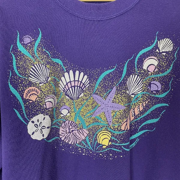 Vintage 90s Sweatshirt Seashells Glitter Gold‎ Ocean Women Size Large Purple Top - Image 8