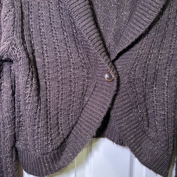 Y2K Sweater Cardigan Brown Tinsel Sz XL Single Button Curved Cropped Cable Knit - Image 3