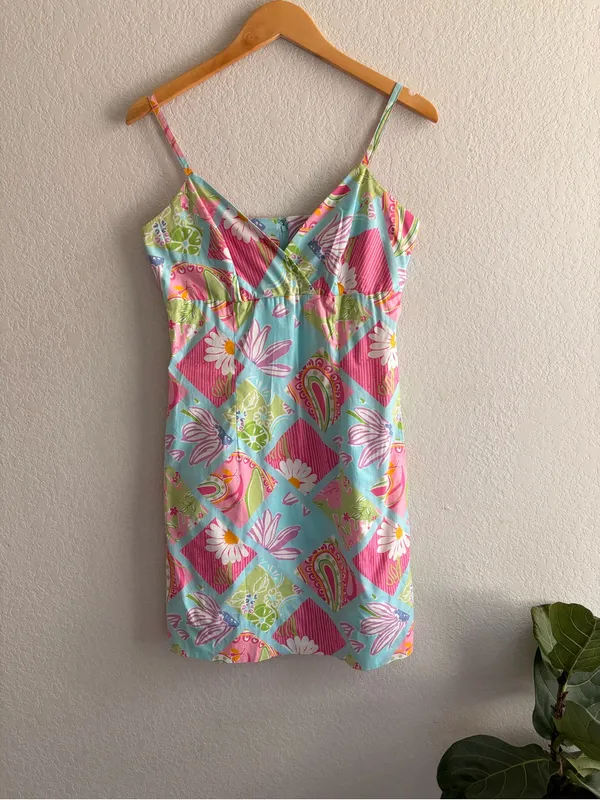 VTG Lilly Pulitzer Sleeveless Lined Multicolored Floral Check V Neck Dress Sz 6 - Image 2