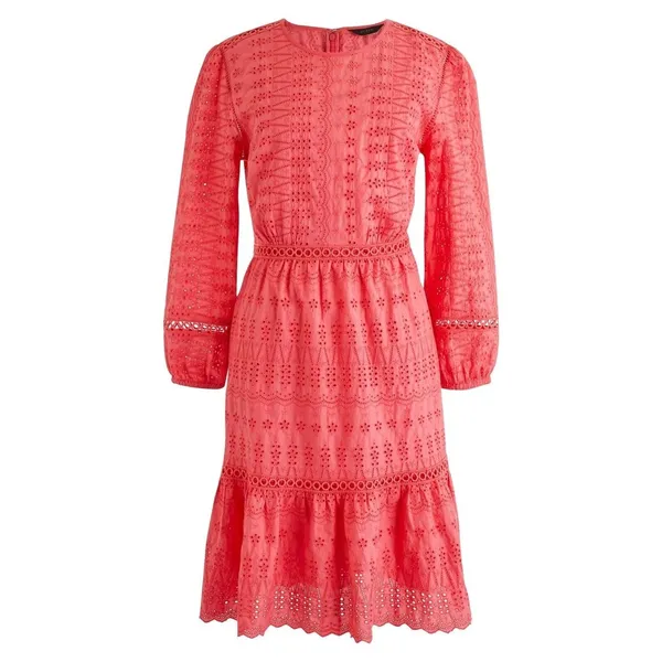 J Crew Coral‎ Eyelet Dress Long Sleeve Tiered Ruffle Mini Size 0 Preppy - Image 2