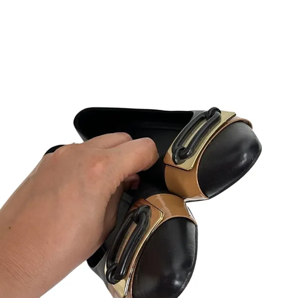 Usaflex Black Leather Block Heel‎ Pumps Tan Buckle Accent Size 7 - Image 5
