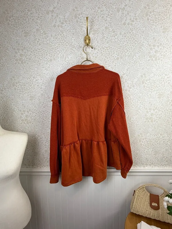 POL Boho Orange Oversized Button-Front Peplum Sweatshirt Jacket - Size - Small - Image 4