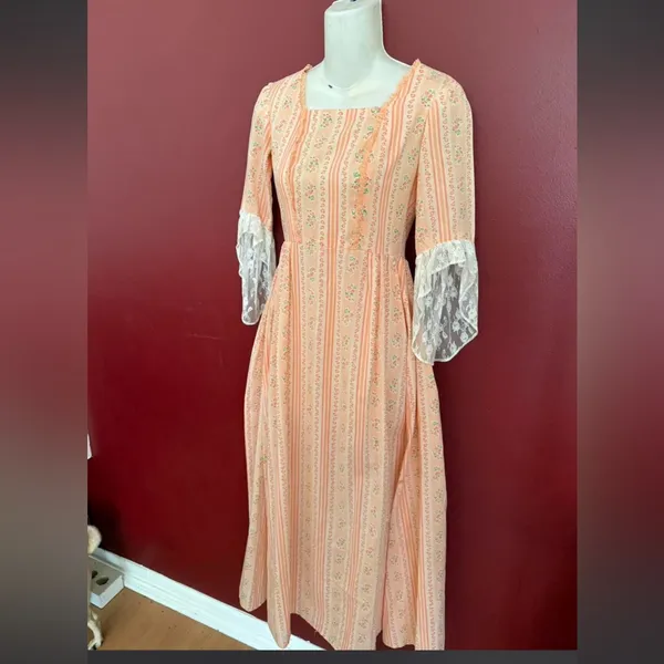 70s Bridgerton peach midi dress cottagecore - Image 8