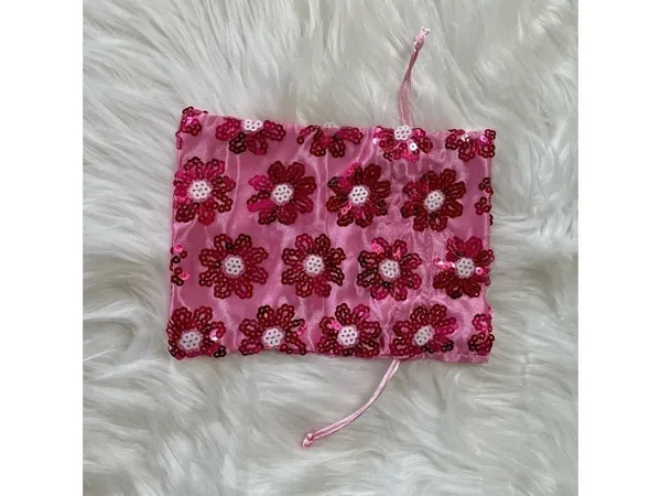 Pouch Pink Satin Sequin Drawstring Floral - Image 2