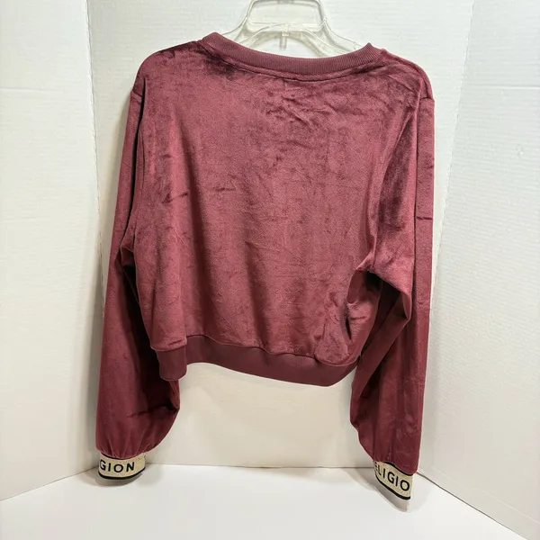 True Religion Women's L Burgundy Velour Cropped Sweatshirt Gold Logo Cuffs - Image 3
