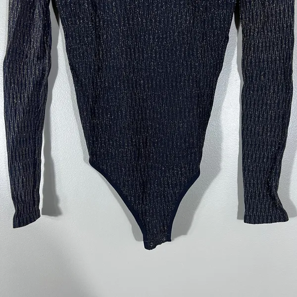 Free People Intimately Ribbed Metallic Bodysuit Navy Gold Sparkle Size XS/S - Image 3