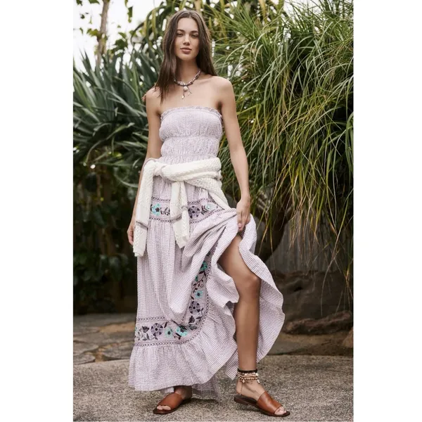 Free People Bohemian Embroidered Floral Kalani Strapless Midi Dress Size XL - Image 4