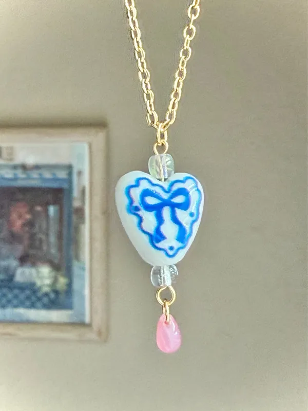 Handmade cottage fairy whimsy style heart ribbon necklace🎀🩵 - Image 3