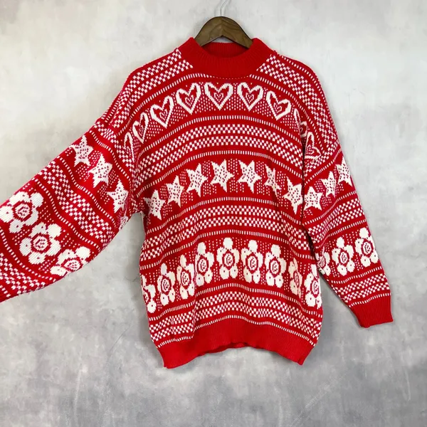 Vintage Fair Isle Sweater Womens M/L Hearts Stars Flowers Indie Nordic Cabin USA - Image 5