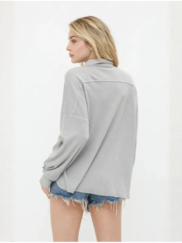 NWT Blue B Collection Medium Heather Grey Thermal Knit Button-Down Shacket Shirt - Image 3