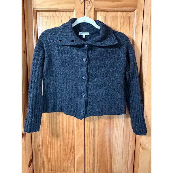 Madewell Wool Blend Ribbed Cardigan Button‎ Sweater Womens S Gray Crop Collared - Image 2