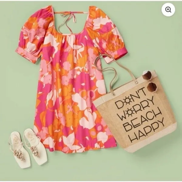 Free Assembly Floral Puff Sleeve Dress XL Pink Orange Open Tie Back With Pockets - Image 7