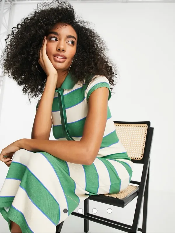 ASOS Green and White Striped Polo Knit Midi Dress Sz 2 - Image 3
