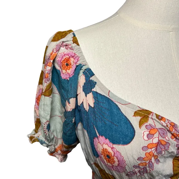 Angie Floral Smocked Boho Mini Dress Medium Cottage Indie Retro Rayon Festival - Image 16