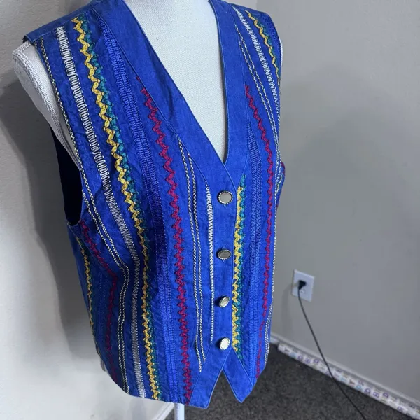Vintage Starfire Vest Womens Medium Denim Embroidered Ribbon Stripe Southwestern - Image 2