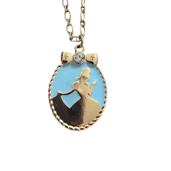 Disney Cinderella Silhouette Pendant‎ Necklace Gold Tone Blue Enamel Rhinestone - Image 3