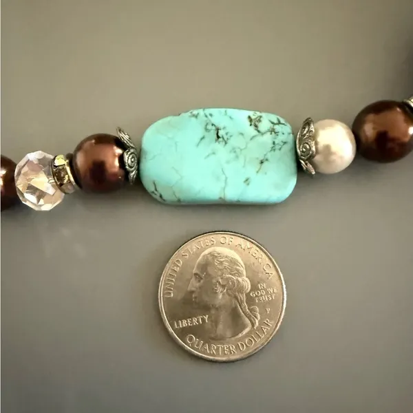 Turquoise and Brown Beaded Howlite Statement Faux Pearl Necklace - Image 5