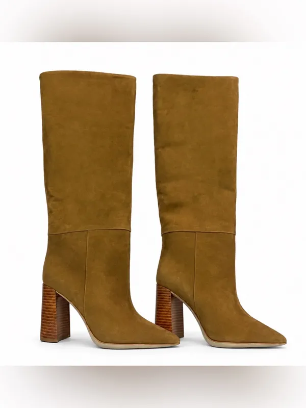 Camel Pointed Toe Mid Calf Block Heel Boots Leather Upper Size 9.5M Tan - Image 2