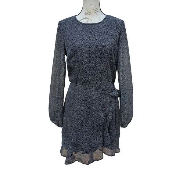 Abercrombie & Fitch Black Polka Dot Long Sleeve Ruffle Wrap Mini Dress‎ Womens M - Image 3