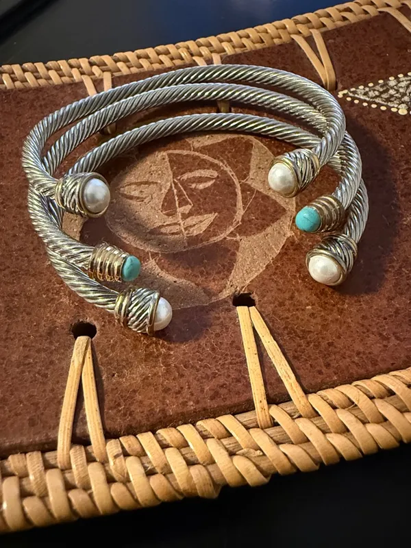 Silver-Tone Twisted Cable Cuff Bracelet with Pearl and Turquoise Accents - Image 2