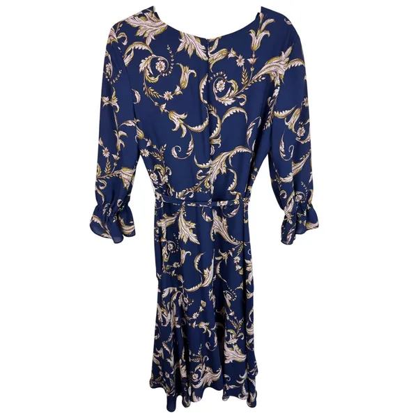 Tahari Arthur S Levine Navy Blue Paisley Faux‎ Wrap Midi Dress Ruffle Cuff 12 - Image 2