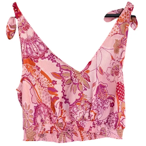 Intimately Free People Pink Floral Paisley Tie Shoulder Smocked Crop Top Medium - Image 3