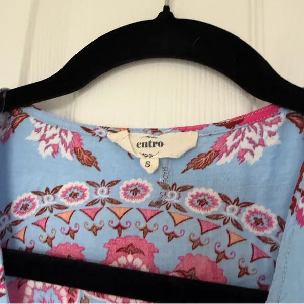 Entro Long Sleeve Blue Pink Floral Bohemian Button Down Maxi Dress Size Small - Image 4