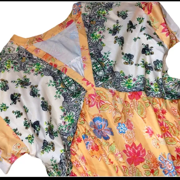 Boho Patchwork Floral Prairie Dress L Cottagecore Babydoll Ruffle Hem Pockets - Image 3