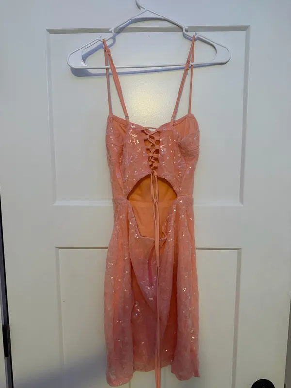 Windsor Pink Sequin Padded Lace-Up Back Mini Dress Size Medium - Image 5