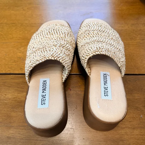 Steve Madden Raffia Platform Slide Sandals‎ Tan Woven Wedge size 37 Italy - Image 7