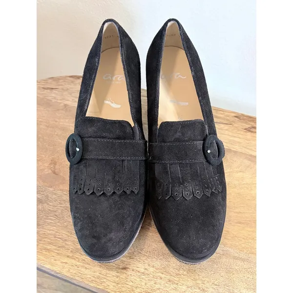 Ara Black Suede Kiltie Fringe Heeled Loafers Block Heel Pumps UK 4.5 US 7 - Image 2
