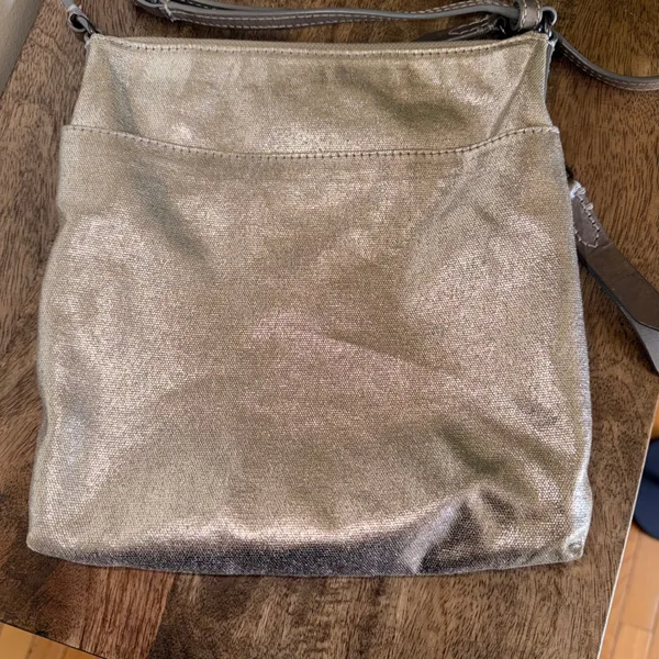 Frye Crossbody Bag Women Small Gold Metallic Canvas Leather Trim Industrial Glam - Image 7