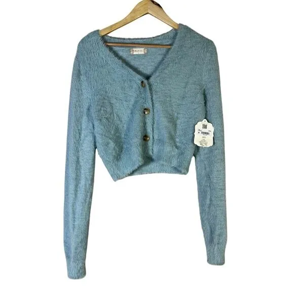 NWT Altar'd State Eyelash Knit Fuzzy Cardigan Sweater Baby Blue Cropped Size L - Image 2