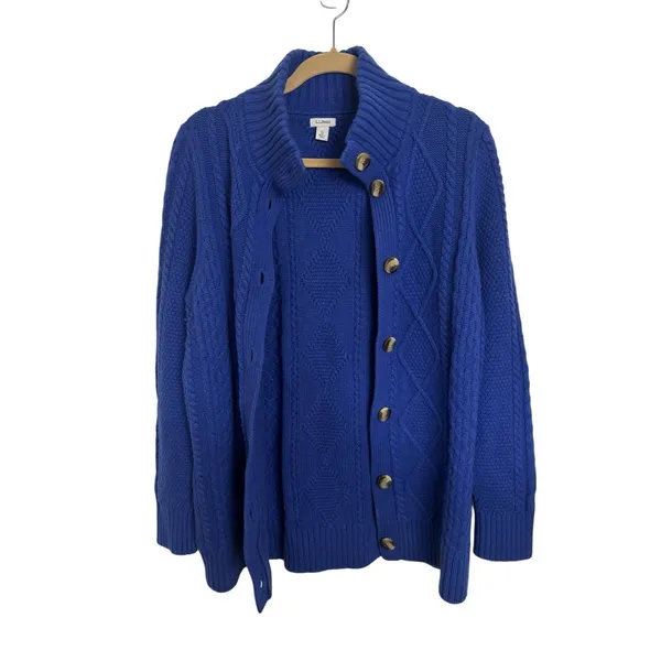 LL Bean Merino Wool Blend Royal Blue Cable Knit Button Front Cardigan XL - Image 3