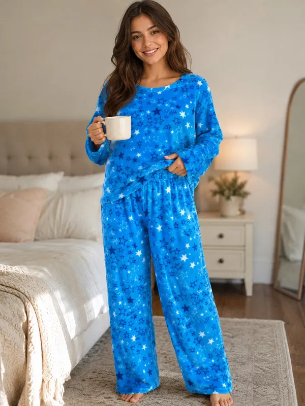 Mayfair Group Micro fleece Cozy Star-Print V-Neck Pajama Set - Blue - Image 2