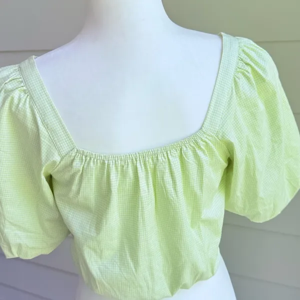 Copper Key Gingham Green Cropped Top with Puff Sleeves Size Small - Image 8