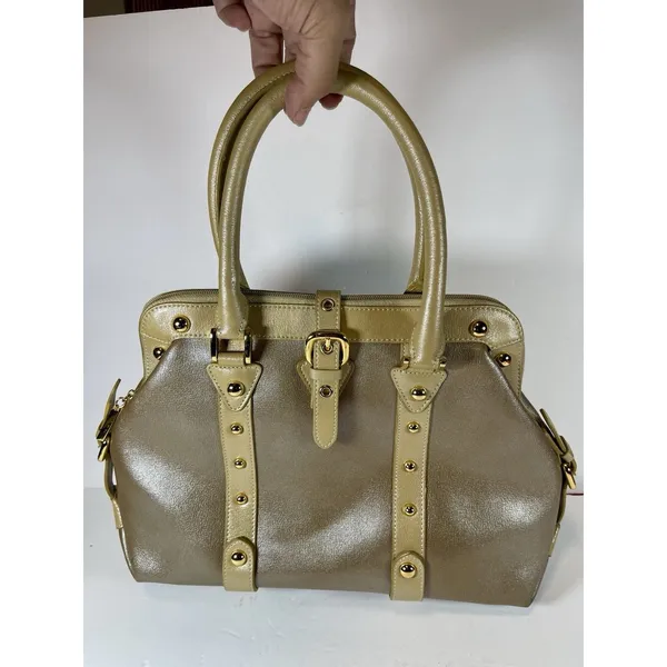 FZNzi Vintage Metallic Gold Satchel Handbag Studded Doctor Bag Top Handle Purse - Image 4