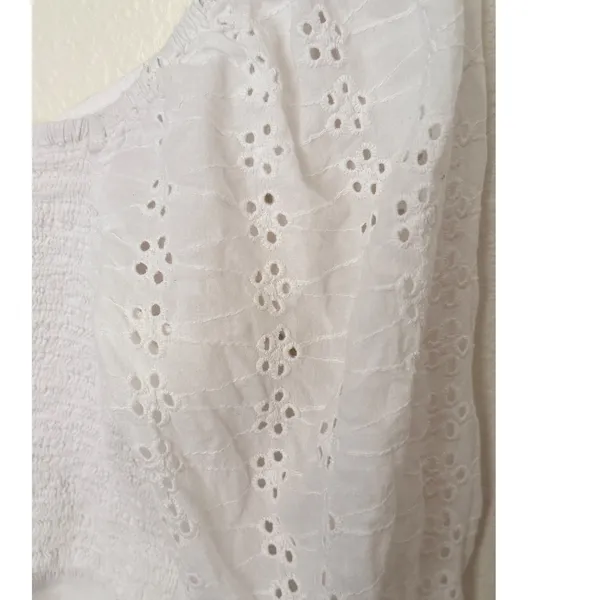 Japna Eyelet Crop Top Sz M White Long Puff Sleeve Cinched Front Boho Cottagecore - Image 6
