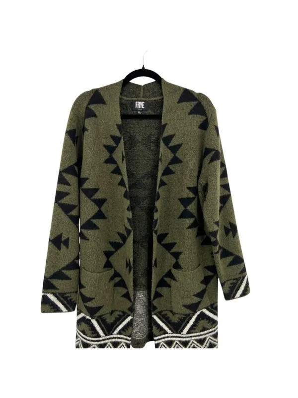 Frye The Cozy Cardigan Open Front Aztec Cardigan Sweater Large Olive Black - Image 2