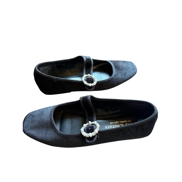 Juicy Couture Black Velvet Mary Jane Pearl Rhinestone Buckle Flats 7.5 - Image 4